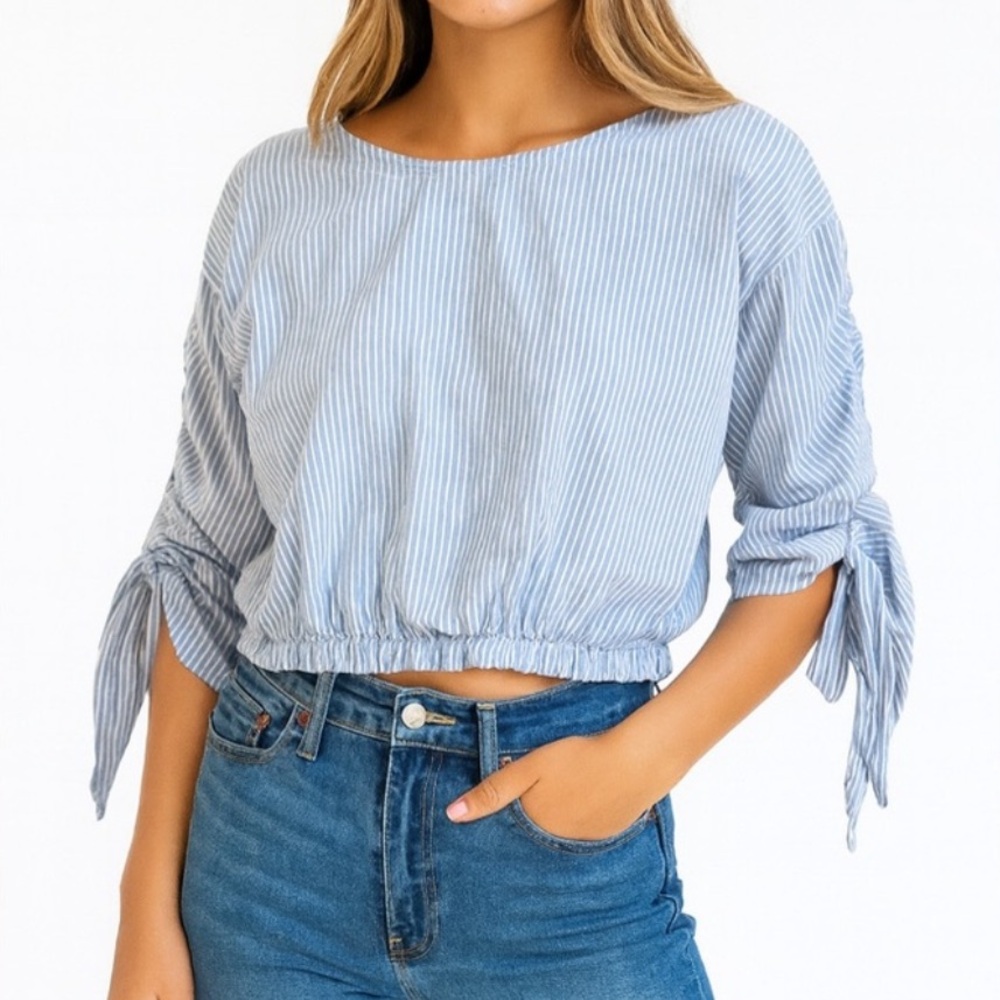 Dizzylissy Blue White Stripe Tie-Sleeve Blouse‎ Size L